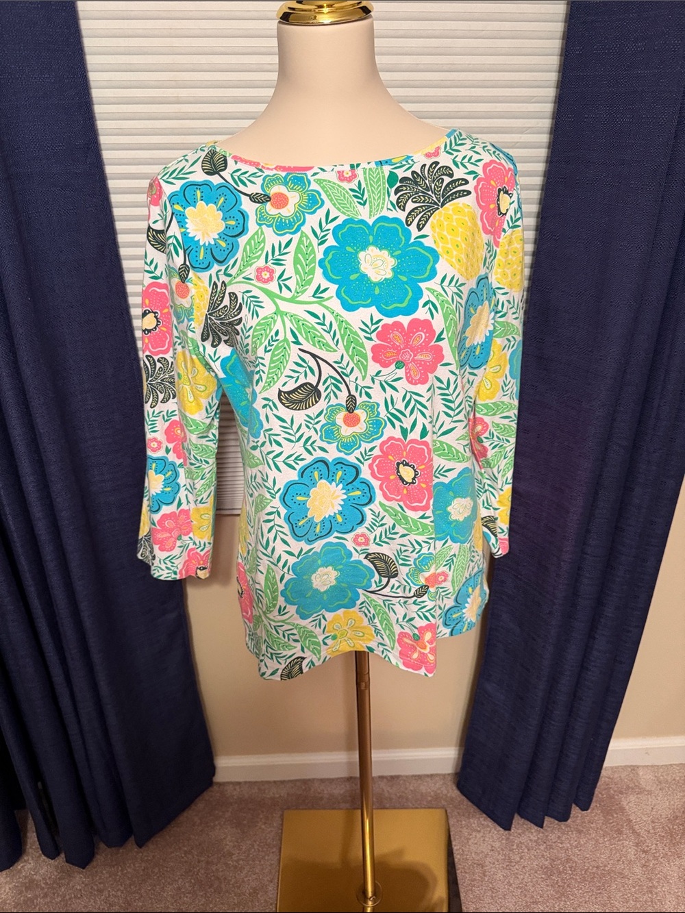 Talbots Women's Floral Boatneck Top in White with Multi-Color Blooms